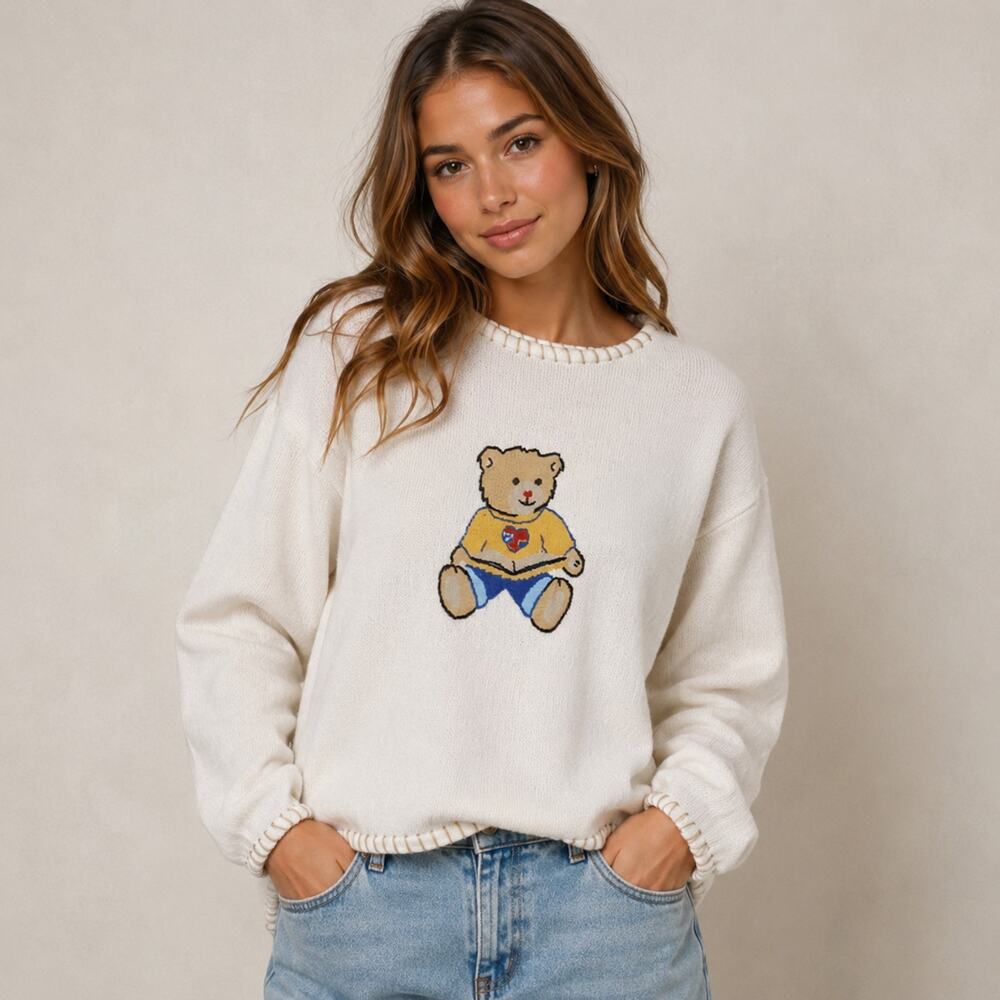 CC Hughes VTG SZ L Whip Stiched Cotton Blend Sweater With Embroidered Teddy Bear